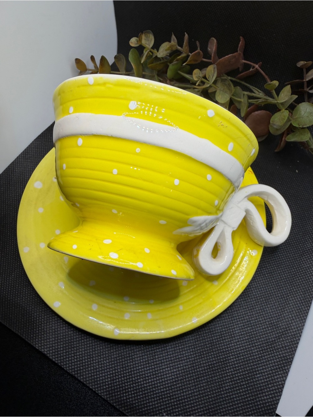 Vintage Yellow Polka Dot Ceramic Teacup & Saucer Set